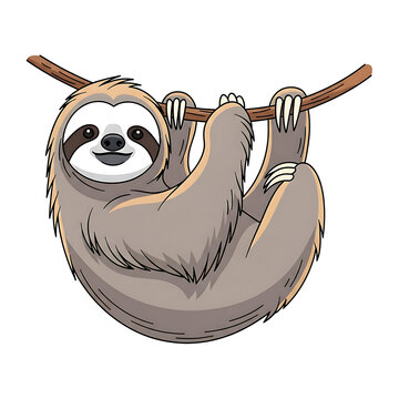 Cute and happy cartoon sloth hanging from a branch, smiling vector illustration isolated on white background.
