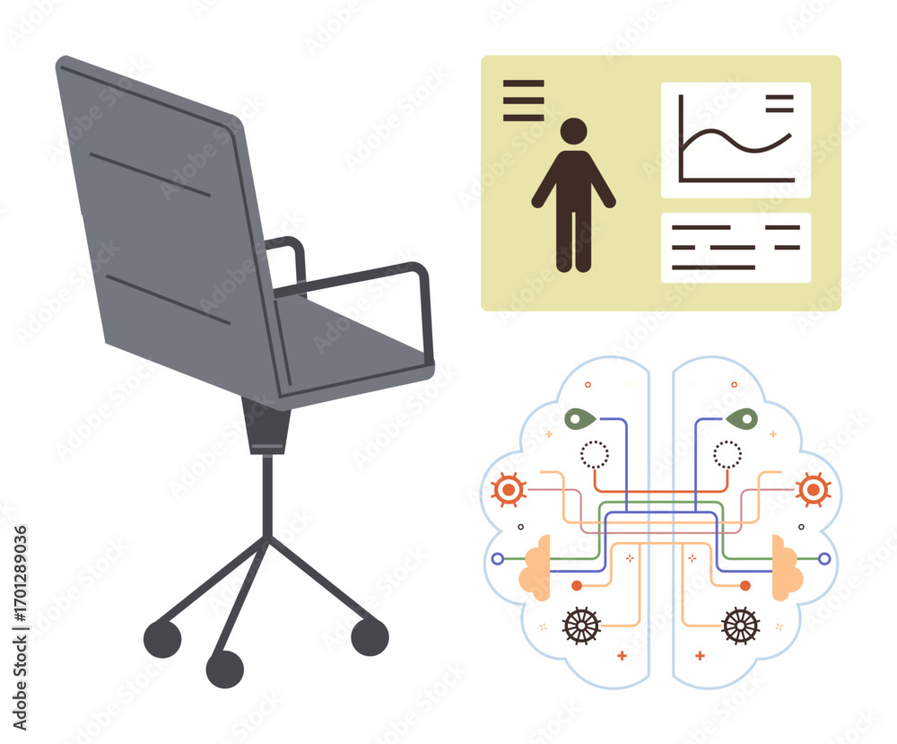 Poster modern office chair beside data board with analytics graph and human figure icon connected to an ai-