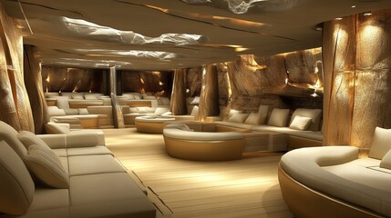 Luxurious cave-like interior with comfortable seating, warm lighting. Private, exclusive, high-end entertainment space