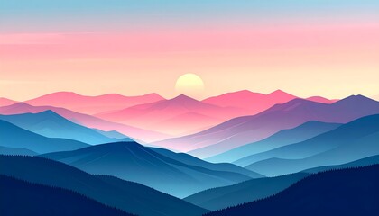 A tranquil mountain range bathed in a soft, pastel sunset, featuring layered hues of pink and blue.