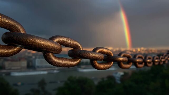 A chain of metal links with a rainbow in the background. Rainbow colored light breaking through chains with faint Budapest skyline overlay,pride conceptual freedom symbolic dark muted