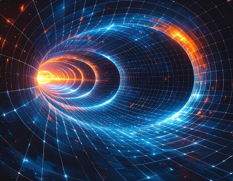 Journey through a futuristic digital spacetime continuum tunnel with a glowing blue and orange energy grid