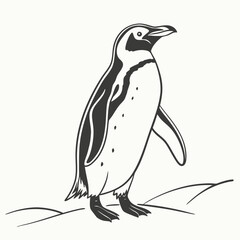 Stylized black and white illustration of a magellanic penguin standing on a simple ground line