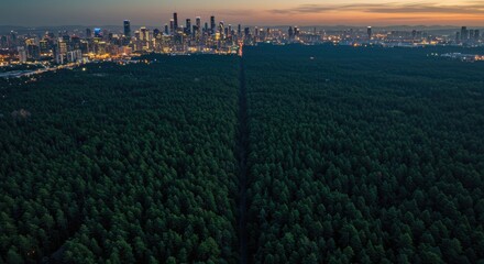 City skyline meets lush forest at dusk. Aerial view of a sprawling urban landscape merging with a dense green forest