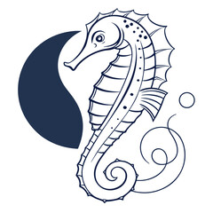 Stylized dark blue seahorse illustration with swirling lines and abstract shapes on a white background