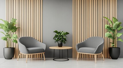 Modern waiting area with two gray armchairs, small table, potted plants, and wood panel backdrop