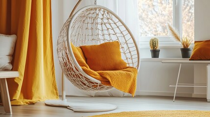 Cozy indoor scene with hanging chair, pillows, blanket, window, and yellow decor