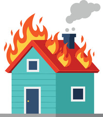 Cartoon house on fire illustration, burning home with flames and smoke, emergency fire vector, residential building disaster clipart