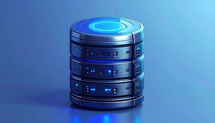 A modern, futuristic server stack, showcasing intricate details and vibrant blue accents, is presented on a simple blue background.