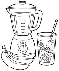 Banana smoothie illustration featuring a blender with bananas and a glass of drink with a straw, drawn in a clean cartoon outline style perfect for coloring pages, decorative artwork