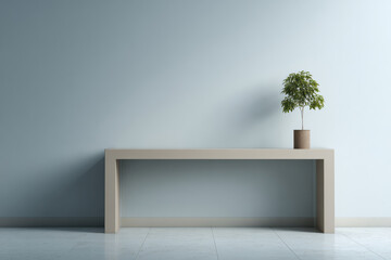 photorealistic ultraminimalist office interior featuring sleek modern desk and single green plant on it creating