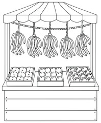 Banana market vector illustration with bunches of fruit hanging from ropes and trays of assorted produce on a stall drawn in clean cartoon outline style for coloring pages