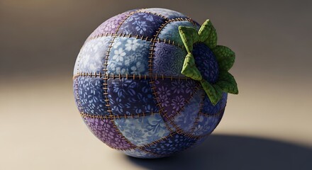 Handcrafted fabric patchwork sphere with flower applique accent, detail