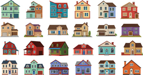 Collection of colorful cartoon houses, residential architecture illustrations, suburban home exteriors, real estate icons, vector property, neighborhood design clipart