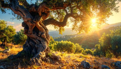 A sunlit, ancient tree dominates a landscape, with rolling hills and a bright, warm sky.