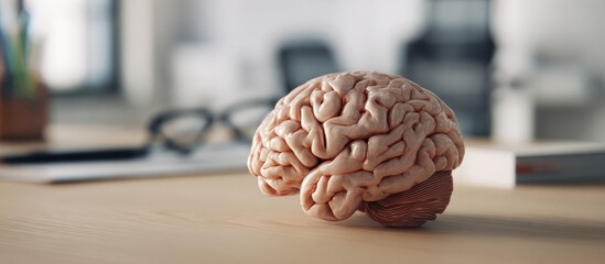 Light peach-colored brain model on a light brown desk, office setting blurred in background