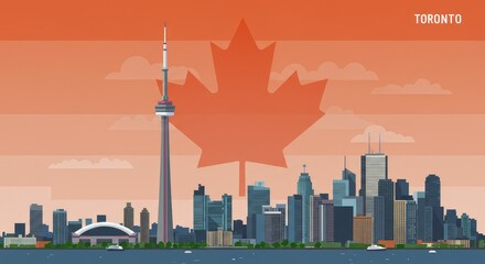 City skyline with a large maple leaf. Flat design of Toronto
