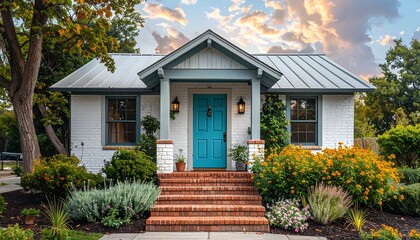 A charming, well-maintained house with a teal-colored front door, brick walkways, and lush landscaping, stands out against a backdrop of a beautiful, partly cloudy sky.