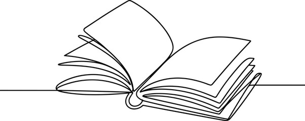 Continuous line drawing open book, minimalist reading illustration, abstract education symbol, literary art design, simple outline vector, knowledge learning graphic