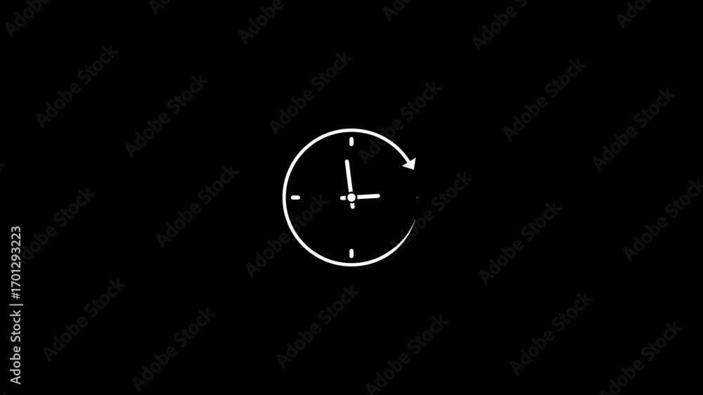 Poster white 12/7 clock icon with circular arrow on black background symbol service