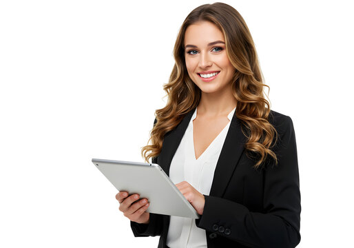 Young professional woman in a black blazer holding a tablet and smiling