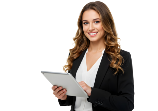 Young professional woman in a black blazer holding a tablet and smiling - Powered by Adobe