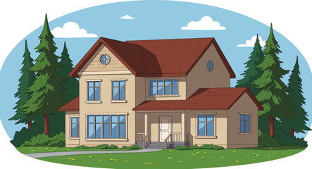 Countryside house illustration with trees, suburban home exterior, residential building with front porch, nature background, rural house vector