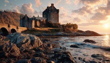 Fototapeta premium Old Stone Fortress on Coastal Rocks at Sunset