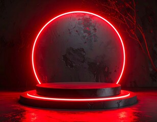 Red Neon Circle Concrete Podium Display