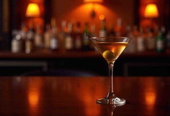 Elegant Martini Glass with Olive at a Classic Bar Setting Still Life