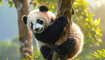 Obraz premium A charming young panda cub, with captivating eyes, gracefully clings to a tree trunk in a lush natural setting.