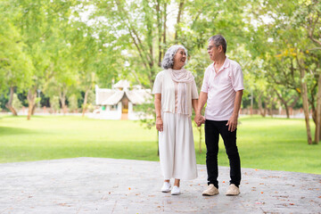 Fototapeta premium Romantic and elderly healthy lifestyle concept.Senior active asian couple holding hands looks happy in the park in the morning spring sunlight,happily retired with copy space.