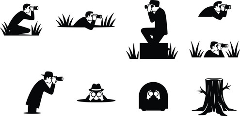 Spy silhouette, surveillance posture, binoculars observation, secret agent, covert watching, espionage scene, hidden observer, security monitoring, stealth activity, black design, outdoor watch