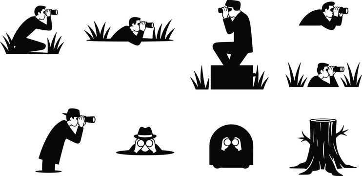 Spy silhouette, surveillance posture, binoculars observation, secret agent, covert watching, espionage scene, hidden observer, security monitoring, stealth activity, black design, outdoor watch