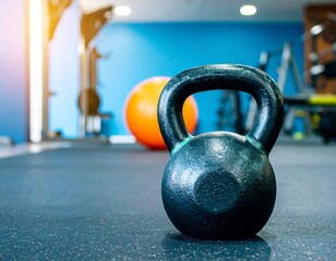 Fototapeta premium Kettlebell placed on floor with fitness ball in background