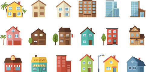 Flat design urban building collection, modern city houses, residential apartments, commercial shops, cartoon neighborhood illustration, colorful real estate icons