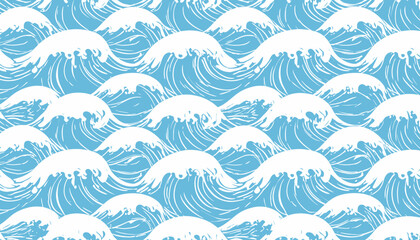 Obraz premium Seamless pattern of stylized blue ocean waves with white foam.