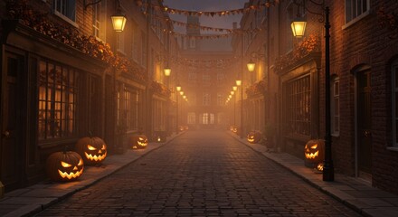 Fototapeta premium Halloween Dublin, cobblestone streets decorated with glowing jack-o’-lanterns, lanterns hanging on iron posts