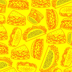 Seamless pattern featuring various hand-drawn fast food items including burgers, hot dogs, tacos, sandwiches, and wraps. Perfect for food-related backgrounds, restaurant branding, packaging, menus.