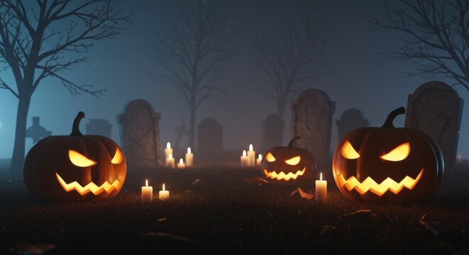 Halloween foggy graveyard at night, glowing pumpkins placed near old stone tombstones, flickering candles casting soft shadows