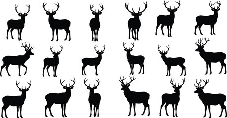 Black silhouette illustration of deer with antlers, wild animal vector design, stag silhouette collection, hunting wildlife art, reindeer icon © Hey There