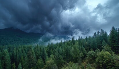 Storm clouds gather over a misty mountain forest