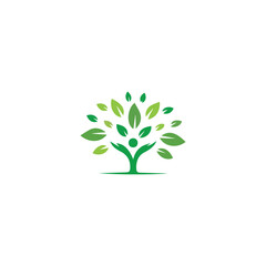 Hand tree logo design, care plant green leaves symbol icon template