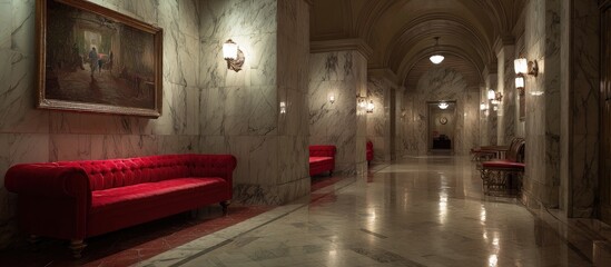 Grand hallway with red velvet seating and a painted mural