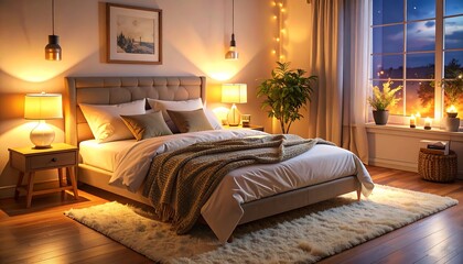 A cozy bedroom bathed in warm, inviting light, featuring a comfortable bed, bedside tables, and a window view of a night scene.