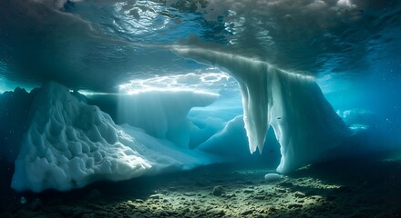 Underwater Ice Formations in Frozen Lake.