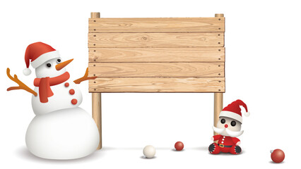Blank whitewashed wooden signboard posts with 3D cute Santa Claus doll and freaky snowman on white background graphic illustration.