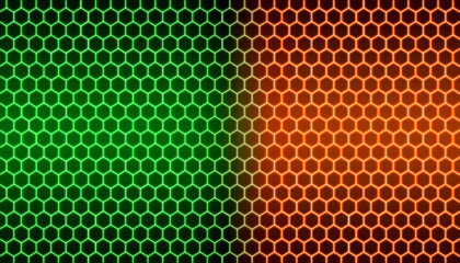 Green orange hexagonal neon light abstract technology background	