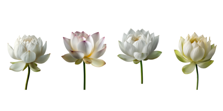 Four white lotus flowers isolated on transparent background, displaying their delicate petals and elegant forms