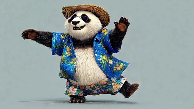 Cheerful panda bear character wearing a summer hat and sunglasses, dancing joyfully on a tropical vacation